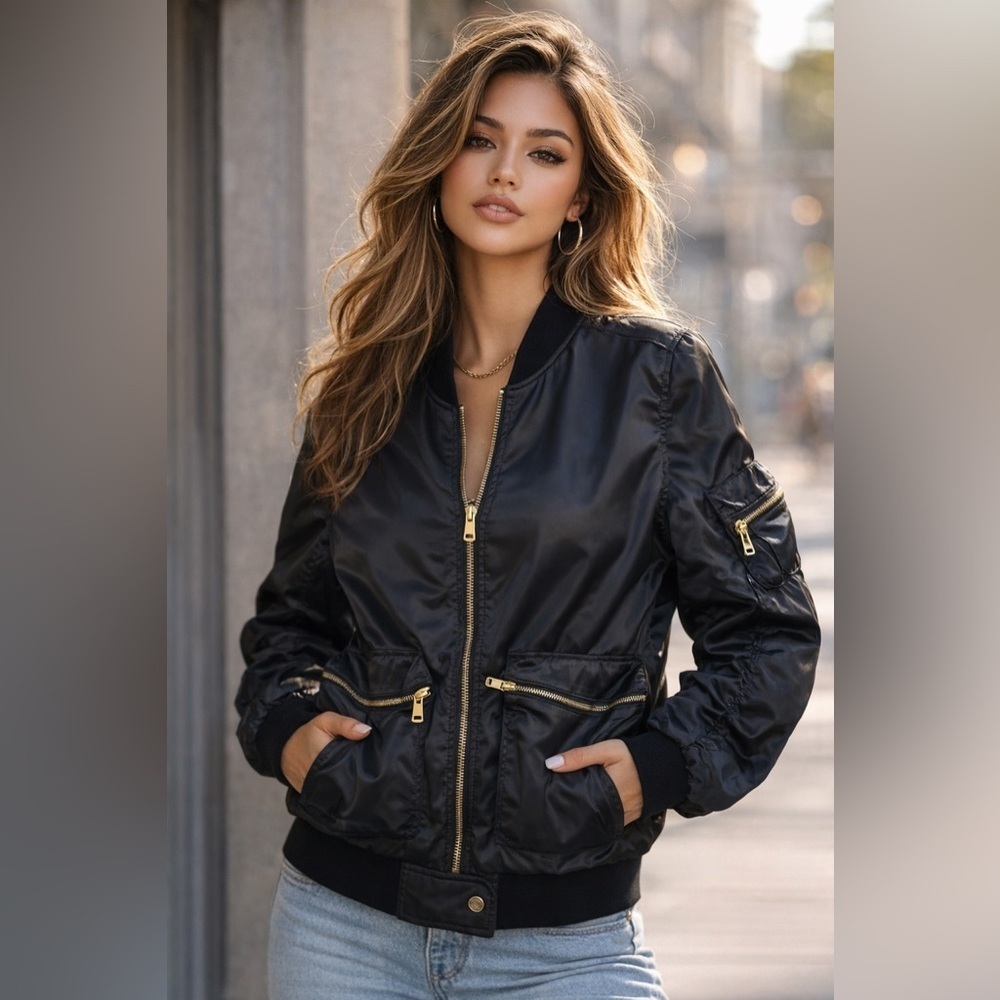 Burberry Black Bomber Jacket with Gold Zippers - Picture 2 of 7